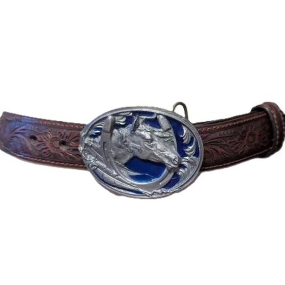 Nocona Siskiyou Horse Tooled Western Leather Statement Belt Buckle Resin Boho - Picture 1 of 15